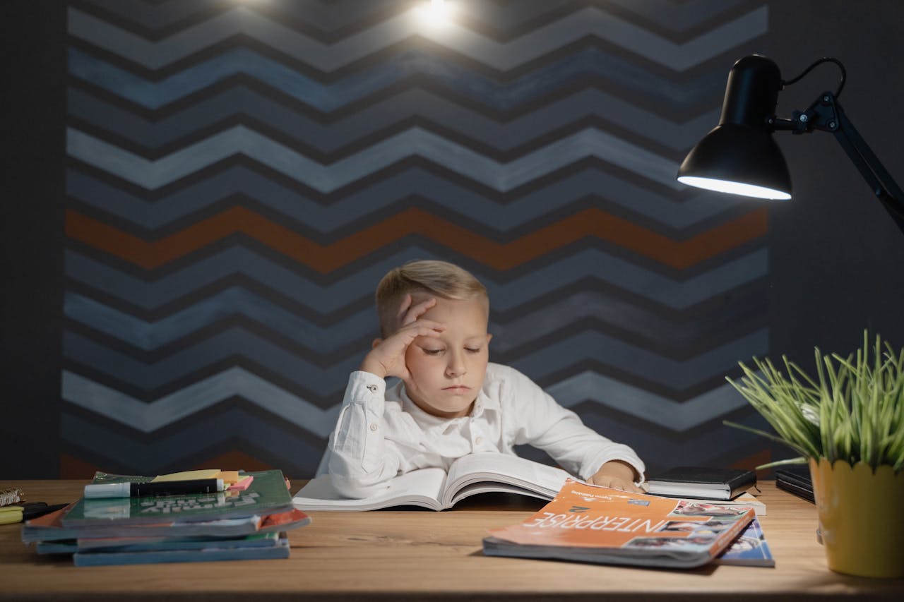 A young boy engaged in study at a desk, illuminated by a lamp, with books and a plant nearby.